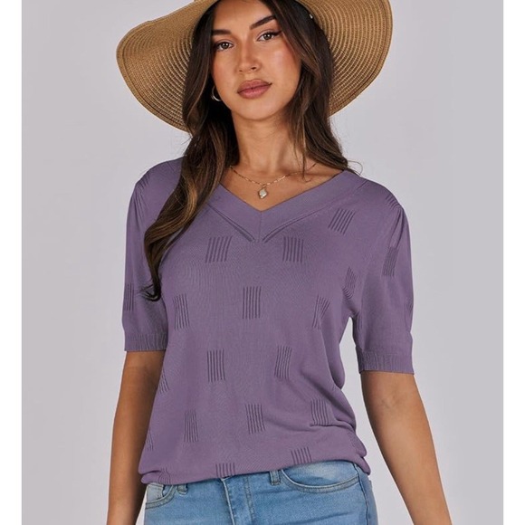 anrabess Sweaters - Womens V Neck Short‎ Sleeve Knit Sweater Pullover Purple Textured Size XL